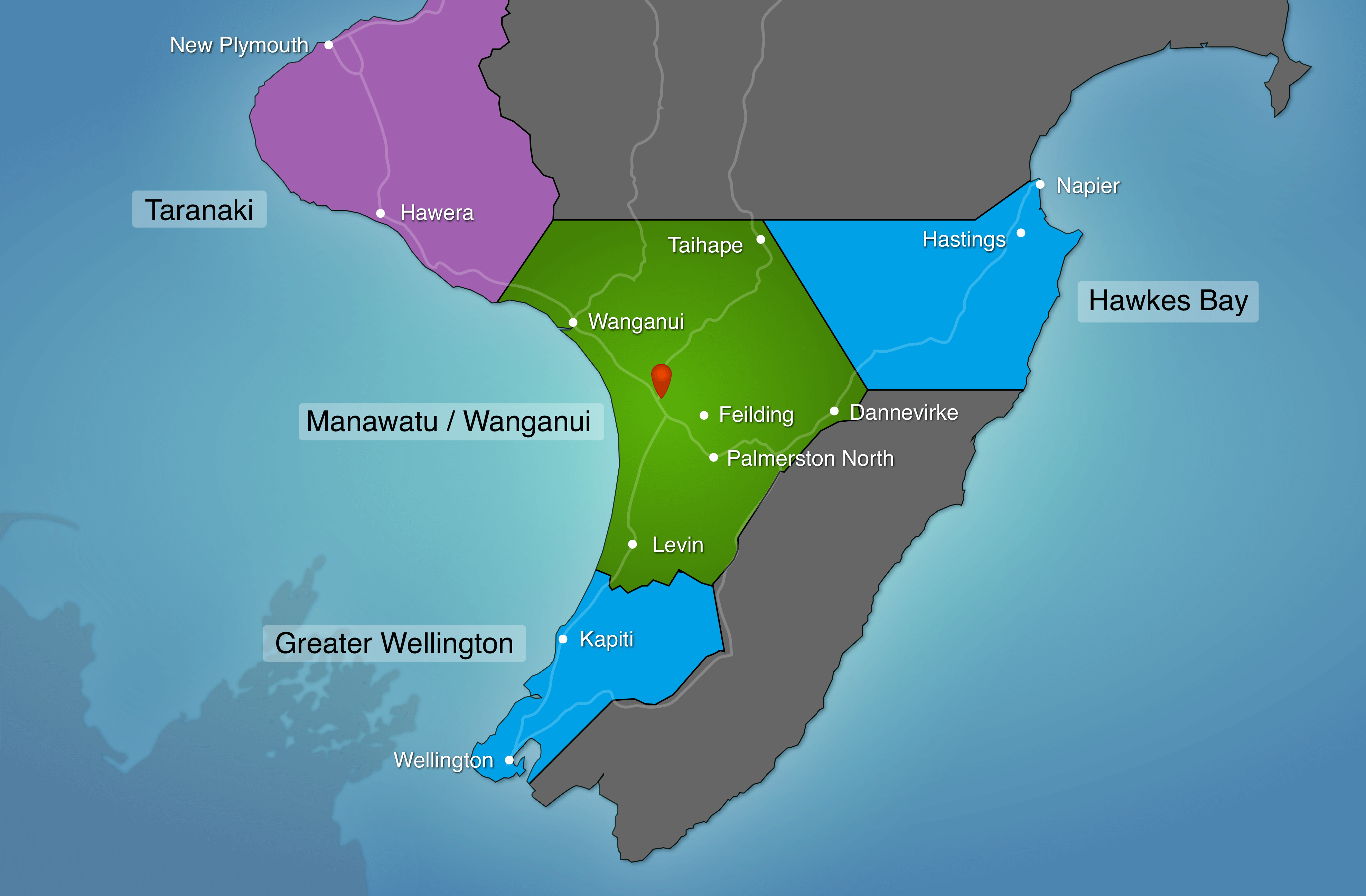 Service coverage map of lower North Island
